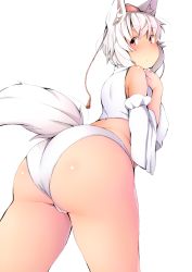 Rule 34 | 1girl, animal ears, ass, bare shoulders, breasts, hat, highres, huge ass, inubashiri momiji, large breasts, looking at viewer, looking back, panties, pink eyes, plump, shishi juuroku, short hair, simple background, solo, tail, thick eyebrows, thick thighs, thighs, tokin hat, touhou, underwear, white background, white hair, white panties, wolf ears, wolf tail