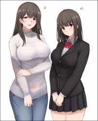 Rule 34 | 2girls, black hair, black jacket, black skirt, blush, breasts, brown eyes, collared shirt, commentary request, cowboy shot, denim, dress shirt, jacket, jeans, large breasts, long hair, looking at viewer, mature female, miniskirt, mobu, moterhly, mother and daughter, multiple girls, open mouth, original, pants, pleated skirt, red neckwear, shirt, sidelocks, skirt, standing, sweater, thighs, turtleneck, turtleneck sweater, white shirt, white sweater