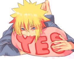 Rule 34 | 1boy, barefoot, blonde hair, blue eyes, blush, legs up, long sleeves, looking to the side, lying, male focus, mamizu unacha, namikaze minato, naruto, naruto (series), hugging object, on stomach, pajamas, pillow, pillow hug, simple background, smile, solo, white background, yes, yes-no pillow