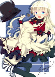 Rule 34 | 1girl, apron, arms at sides, black footwear, blonde hair, bloomers, blue eyes, boots, dress, eyes visible through hair, frilled dress, frilled sleeves, frills, hat, jougen, long hair, looking at viewer, looking to the side, neck ribbon, open mouth, original, pantyhose, puffy short sleeves, puffy sleeves, red dress, ribbon, short dress, short sleeves, smile, solo, top hat, underwear, wrist cuffs