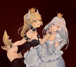 Rule 34 | 2girls, armlet, bare shoulders, black legwear, black leotard, blonde hair, blue eyes, bowsette, bracelet, breasts, claw pose, cleavage, collar, collarbone, commentary request, covered navel, detached collar, dress, earrings, frilled collar, frilled dress, frilled gloves, frilled sleeves, frills, gloves, hair between eyes, hands on another&#039;s face, heart, highleg, highleg leotard, horns, jewelry, large breasts, leotard, long hair, looking at viewer, luigi&#039;s mansion, mario (series), multiple girls, nail polish, new super mario bros. u deluxe, nintendo, pointy ears, ponytail, princess king boo, puffy short sleeves, puffy sleeves, red eyes, sharp teeth, short sleeves, smile, solo focus, spiked armlet, spiked bracelet, spiked collar, spiked tail, spikes, spoken heart, super crown, symbol in eye, tail, tanans123, teeth, thighhighs, tongue, tongue out, very long hair, wavy hair, white dress, white gloves, white hair