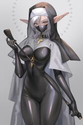 Rule 34 | bodysuit, breasts, choker, collar, cross, cross choker, elf, grey background, grey eyes, highres, hitowa, impossible bodysuit, impossible clothes, latex, latex bodysuit, long pointy ears, mask, medium breasts, medium hair, mouth mask, nun, original, pointy ears, riding crop, shiny clothes, skin tight, white hair