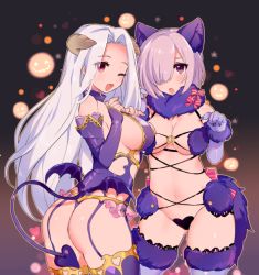 Rule 34 | 2girls, ;d, animal ears, ass, bare shoulders, blush, breasts, cleavage, cowboy shot, demon girl, demon horns, demon tail, demon wings, detached sleeves, elbow gloves, fate/grand order, fate/zero, fate (series), fur-trimmed gloves, fur-trimmed legwear, fur-trimmed thighhighs, fur trim, garter straps, gloves, hair over one eye, halloween costume, heart, heart maebari, heart tail, horns, irisviel von einzbern, irisviel von einzbern (halloween princess), lace, lace-trimmed legwear, lace trim, large breasts, looking at viewer, maebari, mash kyrielight, mash kyrielight (dangerous beast), miyako (xxxbibit), multiple girls, navel, o-ring, o-ring top, official alternate costume, one eye closed, open mouth, purple eyes, purple hair, revealing clothes, ribbon, short hair, sideboob, smile, standing, tail, thighhighs, thong, white hair, wings, wolf ears, wolf tail