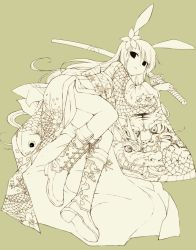 Rule 34 | 1girl, animal ears, boots, rabbit ears, ikura hato, japanese clothes, kimono, monochrome, original, solo, sword, weapon, yellow theme