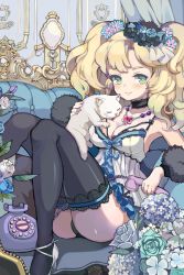 Rule 34 | 1girl, antique phone, ass, babydoll, bad id, bad pixiv id, blonde hair, blush, breasts, cat, choker, cleavage, corded phone, couch, flower, green eyes, hair flower, hair ornament, high heels, hydrangea, jewelry, long hair, medium breasts, necklace, original, panties, phone, rose, rotary phone, smile, solo, thighhighs, twintails, underwear, youm