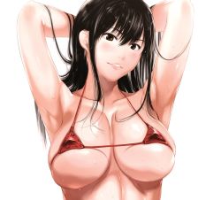 Rule 34 | 1girl, armpits, arms behind back, arms up, bare shoulders, bikini, black hair, blush, breasts, brown eyes, cleavage, collarbone, commentary request, covered erect nipples, highres, kurofood, large breasts, long hair, looking at viewer, micro bikini, original, parted lips, red bikini, solo, swimsuit, underboob, water drop, wet