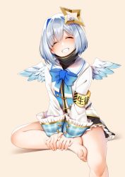 Rule 34 | 1girl, amane kanata, angel, angel wings, armband, asymmetrical hair, bare legs, barefoot, black skirt, blue hair, blush, bob cut, casino (casinoep), closed eyes, colored inner hair, commentary, feathered wings, feet, frilled skirt, frills, grin, halo, highres, hololive, legs, long sleeves, md5 mismatch, mini wings, multicolored hair, resolution mismatch, short hair, silver hair, single hair intake, sitting, skirt, smile, soles, solo, source smaller, star halo, teeth, toes, v arms, virtual youtuber, wings