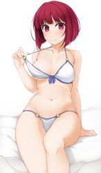 1girl absurdres areola_slip arima_kana bikini bikini_pull breasts cameltoe closed_mouth clothes_pull collarbone commentary_request highres hinata_masaki navel oshi_no_ko pulling_own_clothes red_eyes red_hair short_hair sitting small_breasts smile solo stomach strap_pull swimsuit thighs white_bikini