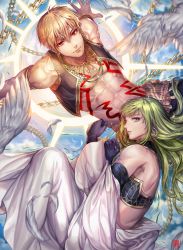 Rule 34 | 2boys, androgynous, bird, black gloves, blonde hair, blue eyes, box (hotpppink), chain, enkidu (fate), enkidu (weapon) (fate), fate (series), feathers, floating hair, gilgamesh (fate), gloves, green hair, hair between eyes, long hair, looking at viewer, male focus, multiple boys, parted lips, red eyes, white feathers