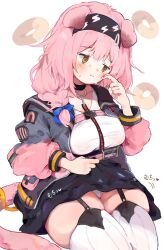 Rule 34 | 1girl, animal ears, arknights, averting eyes, black choker, blue bow, blush, bow, braid, breasts, brown eyes, cat ears, cat tail, choker, closed mouth, clothes lift, collarbone, covered erect nipples, double-parted bangs, doughnut, flashing, food, garter straps, goldenglow (arknights), hair bow, hair over shoulder, hairband, heart, highres, jacket, long sleeves, open clothes, open jacket, panties, pink hair, scratching cheek, see-through, see-through shirt, shirt, single braid, skirt, skirt lift, solo, tail, thighhighs, thighs, underwear, unitedunti, white background, white panties, white shirt, white thighhighs