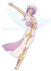 Rule 34 | 00s, 1girl, :o, angel wings, aria (manga), athena glory, barefoot, closed eyes, dark-skinned female, dark skin, full body, hand on another&#039;s chest, hand on own chest, hat, kawakami tomoko, latin text, outstretched arm, purple hair, short hair, simple background, solo, uniform, urue, wings