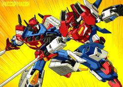 Rule 34 | autobot, blue eyes, commentary, commission, english commentary, fighting, highres, holding, holding sword, holding weapon, jim stafford, mecha, no humans, open hand, robot, science fiction, star saber (idw), star saber (transformers), sword, the transformers (idw), transformers, transformers victory, twitter username, weapon, yellow background