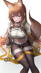Rule 34 | 1girl, :o, arknights, black pants, breasts, brown eyes, brown hair, commentary request, crop top, franka (arknights), franka (rainforest me rainbow) (arknights), grey shirt, highres, large breasts, leggings, long hair, long sleeves, looking at viewer, midriff, navel, official alternate costume, open mouth, pants, shirt, simple background, sitting, solo, sthk, stomach, thighs, very long hair, white background