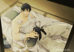 Rule 34 | 2496oyakodon, 2boys, age difference, amputee, bandage on chest, bandaged arm, bandages, bandaid, bandaid on face, basin, black hair, black shirt, chest sarashi, child, closed mouth, father and son, feet out of frame, fushiguro megumi, fushiguro touji, futon, green eyes, grey pants, grey shorts, indoors, jujutsu kaisen, looking at another, lying, lying on person, male focus, mature male, missing limb, multiple boys, on bed, on stomach, pants, sarashi, scar, scar on face, scar on mouth, shirt, short hair, shorts, size difference, sleeping, toned, toned male, topless male, towel