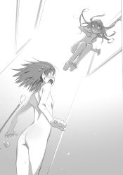 Rule 34 | 2girls, as (ashyblown), barefoot, bathroom, blush, breasts, completely nude, flat chest, floating hair, from below, greyscale, grin, haimura kiyotaka, hair censor, hair over breasts, long hair, misaka mikoto, monochrome, multiple girls, novel illustration, nude, official art, open mouth, shirai kuroko, sideboob, small breasts, smile, soles, spiked hair, sweatdrop, toaru majutsu no index, toaru majutsu no index: old testament