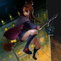 Rule 34 | 10s, 1girl, :d, boots, broom, broom riding, brown eyes, brown hair, building, cape, dress, full body, kagari atsuko, little witch academia, long hair, long sleeves, looking to the side, night, open mouth, outdoors, sidelocks, smile, solo, wide sleeves, wiiczp