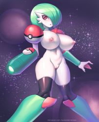 Rule 34 | 1girl, arm cannon, artist name, black thighhighs, blush, bob cut, boots, breasts, cleft of venus, collarbone, colored skin, creatures (company), female focus, game freak, gardevoir, gen 3 pokemon, green footwear, green hair, green nails, groin, hair over one eye, huge breasts, knee boots, light blush, looking to the side, metroid, nail polish, navel, nintendo, nipples, nude, one eye covered, open mouth, patreon username, planet, poke ball, poke ball (basic), poke ball theme, pokemon, pokemon (creature), purple background, pussy, red eyes, shiny clothes, short hair, skindentation, solo, space, sparkle, star (sky), stomach, supersatanson, thighhighs, uncensored, watermark, weapon, web address, white skin, wide hips