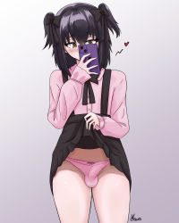 Rule 34 | 123 jakedrawing, 1boy, absurdres, black hair, black ribbon, black skirt, bow, bow panties, bulge, cellphone, clothes lift, covered penis, crossdressing, erection, erection under clothes, hair ribbon, heart, highres, holding, holding phone, jirai kei, lifting own clothes, long sleeves, male focus, medium hair, miniskirt, original, panties, penis in panties, phone, pink panties, pink shirt, pleated skirt, ribbon, shirt, skirt, skirt lift, smartphone, solo, suspender skirt, suspenders, trap, twintails, underwear, yellow eyes