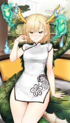 1girl blonde_hair china_dress chinese_clothes dragon_girl dragon_horns dress floral_print hataraki_kuma highres horns kicchou_yachie looking_at_viewer otter_spirit_(touhou) print_dress red_eyes short_hair smile solo tail thighs touhou turtle_shell white_dress