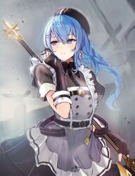 Rule 34 | 1girl, absurdres, apron, black dress, black headwear, blue eyes, blue hair, braid, braided ponytail, dress, earrings, fingerless gloves, frilled apron, frills, gloves, grey apron, hair between eyes, highres, holding, holding polearm, holding weapon, hololive, hoshimachi suisei, hoshimachi suisei (maid), jewelry, long hair, looking away, mugiusagi, parted lips, polearm, ponytail, short sleeves, sidelocks, solo, star (symbol), star in eye, symbol in eye, virtual youtuber, weapon