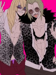 2boys abs akizuki_hakuto bad_id bad_pixiv_id bartolomeo blonde_hair blue_eyes cavendish chest_tattoo commentary_request fangs green_hair hair_between_eyes hand_around_waist looking_at_viewer male_focus multiple_boys one_piece pants piercing pink_background purple_pants round_eyewear sharp_teeth simple_background sunglasses tattoo teeth tongue tongue_out