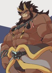 Rule 34 | 1boy, abs, bara, beard, black male underwear, blank eyes, body fur, bulge, bulge peek, clothes down, dark-skinned male, dark skin, demon boy, demon horns, facial hair, feet out of frame, from below, furry, furry male, grin, highres, horns, infel (otsukimi), jewelry, large hands, large pectorals, long hair, looking at viewer, male focus, male underwear, male underwear peek, mature male, muscular, muscular male, navel, necklace, nipples, original, otsukimi, pectorals, pointy ears, seductive smile, smile, solo, standing, stomach, strongman waist, thick eyebrows, topless male, underwear