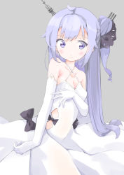 Rule 34 | 1girl, azur lane, bad id, bad pixiv id, breasts, cleavage, dress, elbow gloves, gloves, grey background, hair bun, hand on own chest, highres, long hair, purple eyes, purple hair, side ponytail, simple background, single hair bun, small breasts, solo, unicorn (azur lane), upper body, white dress, white gloves