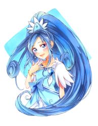 Rule 34 | 1girl, :d, blue bow, blue eyes, blue hair, bow, bracelet, brooch, choker, cure diamond, dokidoki! precure, heart, heart brooch, highres, hishikawa rikka, jewelry, long hair, looking at viewer, marker (medium), matching hair/eyes, mikan (mikataaaa), open mouth, ponytail, precure, simple background, smile, solo, traditional media, very long hair