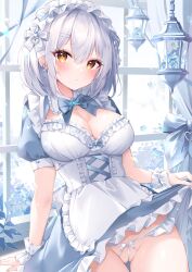Rule 34 | 1girl, absurdres, blue flower, blue leaf, breasts, cavern, clothes lift, earrings, flower, highres, jewelry, lamp, large breasts, magical girl, maid, makeup, original, rouge (makeup), short hair, shy, skirt, skirt lift, white hair, window, yellow eyes, ymkrnchan