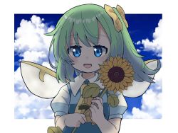 Rule 34 | 1girl, :d, ascot, blue eyes, blue sky, cloud, collared shirt, daiyousei, fairy wings, flower, green hair, holding, holding flower, looking at viewer, open mouth, outdoors, outside border, shirt, short hair, short sleeves, side ponytail, sky, smile, solo, sunflower, touhou, upper body, wings, yamase, yellow ascot