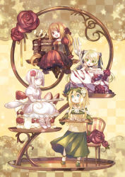 Rule 34 | 4girls, blonde hair, blue eyes, bob cut, cake, chair, cup, faux figurine, flower, food, fork, fruit, green eyes, hair flower, hair ornament, highres, in food, long hair, minami seira, mini person, minigirl, multiple girls, open mouth, original, oversized object, red eyes, red flower, red rose, ribbon, rose, short hair, sitting, smile, spoon, standing, strawberry, teacup, tiered serving stand, tiered tray, tray, twintails, white flower, white hair, white rose