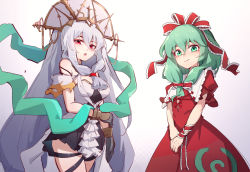 Rule 34 | 2girls, absurdres, arknights, bare shoulders, black gloves, bow, character request, closed mouth, crossover, dress, gloves, green eyes, green hair, grey hair, hair bow, hair ornament, highres, kagiyama hina, ling huanxiang, long hair, looking at viewer, multiple girls, off-shoulder dress, off shoulder, open mouth, red dress, red eyes, short sleeves, skadi (arknights), skadi the corrupting heart (arknights), skadi the corrupting heart (sublimation) (arknights), smile, touhou, white dress
