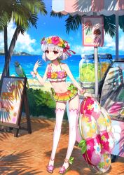 Rule 34 | 1girl, bare shoulders, bikini, blue sky, blush, breasts, collarbone, fate/grand order, fate (series), flower wreath, full body, green bikini, hair ribbon, head wreath, kama (fate), kama (swimsuit avenger) (fate), looking at viewer, miniskirt, nail polish, navel, ocean, official art, rainbow skirt, red eyes, redrop, ribbon, short hair, silver hair, skirt, sky, small breasts, smile, solo, standing, stomach, swimsuit, thighhighs, white thighhighs