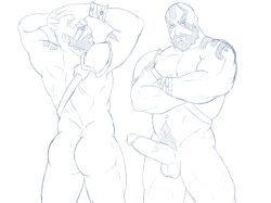 Rule 34 | 1boy, abs, ailurus (ailurushearts), armor, ass, bald, bara, beard, blue skin, bottomless, chest harness, colored skin, critical role, crossed arms, dungeons & dragons, dungeons &amp; dragons, erection, facial hair, feet out of frame, grog strongjaw, hand on own head, harness, head tattoo, highres, large pectorals, looking at viewer, male focus, male pubic hair, mature male, monochrome, multiple views, muscular, muscular male, mustache, navel, navel hair, nipples, nude, pauldrons, pectoral squeeze, pectorals, penis, pubic hair, shoulder armor, shoulder tattoo, single pauldron, sketch, standing, stomach, tattoo, the legend of vox machina, thick eyebrows, thick thighs, thighs, veins, veiny penis