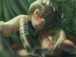 Rule 34 | 1boy, 1girl, animal ears, black hair, blush, boy on top, completely nude, embarrassed, eye contact, face-to-face, facial mark, furry, highres, interlocked fingers, long hair, looking at another, lying, made in abyss, mechanical arms, nanachi (made in abyss), nude, on back, pants, parted lips, regu (made in abyss), riasgomibako, silver hair, topless male, whiskers, yellow eyes