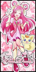 Rule 34 | 00s, 1girl, :d, :p, argyle, argyle background, argyle clothes, bike shorts, black border, blue eyes, boots, border, brooch, bug, butterfly, character name, coco (yes! precure 5), creature, cure dream, dress, earrings, flower, full body, hair flower, hair ornament, hair ribbon, hair rings, happy, insect, jewelry, long hair, m/, magical girl, mascot, one eye closed, open mouth, outside border, pink background, pink eyes, pink hair, pink shorts, pink theme, precure, ribbon, shorts, shorts under skirt, smile, tongue, tongue out, wink, yes! precure 5, yoshimune, yumehara nozomi