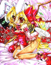 Rule 34 | 1girl, animal ears, bare shoulders, blonde hair, breasts, rabbit ears, female focus, flandre scarlet, flower, kneeling, pantyhose, plant, playboy bunny, ponytail, red eyes, shoes, short hair, side ponytail, solo, tanono, touhou, wings, wrist cuffs
