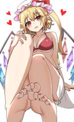 Rule 34 | 1girl, absurdres, barefoot, blonde hair, blush, feet, flandre scarlet, foot focus, hand on own knee, hat, highres, kiui (dagk8254), long hair, looking at viewer, nail polish, open mouth, red eyes, red nails, side ponytail, soles, toenail polish, toenails, toes, touhou