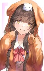 Rule 34 | 1girl, animal, animal ear hood, animal on head, asakura karen (heaven burns red), blush, bow, brown hair, cat, cat on head, closed mouth, collared shirt, commentary request, eyelashes, fake animal ears, finger to cheek, fuuka koji, hair between eyes, hands up, head tilt, heaven burns red, hood, hood up, hooded jacket, index fingers raised, jacket, light smile, long hair, looking at viewer, low twintails, on head, open clothes, open jacket, orange jacket, red bow, school uniform, shirt, simple background, sleeves past wrists, split mouth, twintails, upper body, white background, white cat, white shirt, yellow eyes