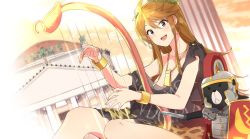 Rule 34 | 1girl, 1other, bear, bracelet, breasts, brown hair, building, cleavage, dongsa wonhyong, earrings, feet out of frame, harp, highres, idolmaster, idolmaster million live!, instrument, jewelry, legionnaire, long hair, looking at viewer, medium skirt, necklace, off shoulder, open mouth, pantheon (rome), rome (city), sidelocks, sitting, skirt, smile, solo focus, statue, tokoro megumi