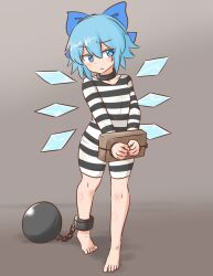 Rule 34 | 1girl, alternate costume, ball and chain restraint, barefoot, blue bow, blue eyes, blue hair, blush, bow, cirno, closed mouth, commentary request, commission, full body, furrowed brow, grey background, hair between eyes, ice, ice wings, mizusoba, petite, prison clothes, romper, simple background, skeb commission, solo, toes, touhou, v arms, walking, wings