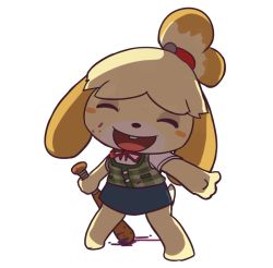 Rule 34 | 1girl, animal crossing, barefoot, baseball bat, bell, blonde hair, blood, blue skirt, blush stickers, buro (block), closed eyes, female focus, flat chest, full body, furry, furry female, green vest, hair bell, hair ornament, hair tie, happy, holding, isabelle (animal crossing), neck ribbon, nintendo, no humans, open mouth, outstretched arm, pencil skirt, red ribbon, ribbon, shirt, short hair, short sleeves, simple background, skirt, smile, solo, standing, teeth, topknot, vest, white background, white shirt