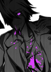 Rule 34 | 1boy, blood, blood from mouth, blood on clothes, buttons, closed mouth, coat, collarbone, collared coat, collared jacket, commentary, commentary request, danganronpa (series), danganronpa v3: killing harmony, english commentary, flame print, greyscale, hand up, highres, jacket, lapel pin, lapels, male focus, mixed-language commentary, momota kaito, monochrome, notched lapels, open clothes, open coat, open jacket, pink eyes, scythe-of-petals, shirt, short hair, smile, solo, spiked hair, spoilers, spot color, upper body, white background