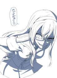 Rule 34 | 10s, 1girl, blue theme, commentary request, crazy eyes, gesugao, glasses, hairband, hakama, hakama short skirt, hakama skirt, hands on own hips, japanese clothes, kantai collection, long hair, long sleeves, monochrome, ooyodo (kancolle), parted lips, school uniform, serafuku, sidelocks, sketch, skirt, smirk, solo, tongue, tongue out, torichamaru, translation request