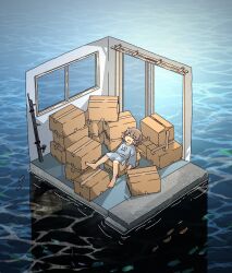 Rule 34 | 1girl, absurdres, animal, barefoot, blue shirt, blush, box, brown hair, cardboard box, caustics, closed eyes, commentary, day, fish, fish hair ornament, fishing rod, from above, glass door, hair ornament, highres, in box, in container, isometric, kani aji, kani aji-chan, long sleeves, moray eel, ocean, open door, open mouth, original, outdoors, oversized animal, oversized clothes, oversized shirt, print shirt, reclining, ripples, school of fish, shirt, short hair, solo, surreal, sweatdrop, too many, wide shot, window