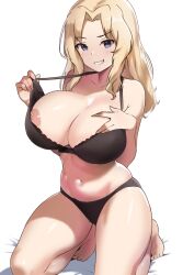 Rule 34 | 1girl, amogan, areola slip, black bra, black panties, blonde hair, blue eyes, blush, bra, bra pull, breasts, clothes pull, collarbone, commission, girls und panzer, grin, highres, kay (girls und panzer), large breasts, long hair, looking at viewer, naughty face, navel, nipple slip, nipples, panties, pixiv commission, shiny skin, simple background, smile, solo, teasing, underwear, underwear only, undressing, white background