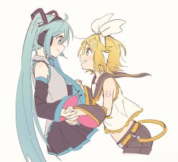 Rule 34 | 2girls, aqua eyes, aqua hair, aqua necktie, bare shoulders, belt, black collar, black skirt, black sleeves, blonde hair, blush, bow, collar, commentary, crop top, cropped legs, detached sleeves, from side, grey shirt, grin, hair bow, hair ornament, hairclip, hatsune miku, headphones, highres, holding hands, kagamine rin, light blush, long hair, looking at another, m0ti, midriff, multiple girls, necktie, sailor collar, school uniform, shirt, short hair, short shorts, shorts, shoulder tattoo, skirt, sleeveless, sleeveless shirt, smile, swept bangs, tattoo, twintails, upper body, very long hair, vocaloid, white bow, white shirt, yuri