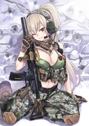Rule 34 | 1girl, arm support, assault rifle, badge, blonde hair, breasts, brown gloves, camouflage, camouflage pants, cleavage, cross, front-tie top, gloves, gun, h&amp;k hk416, hair ornament, headset, heckler &amp; koch, highres, knee pads, large breasts, long hair, matsuryuu, midriff, military operator, one eye closed, original, pants, parted lips, ponytail, pouch, purple eyes, rifle, scarf, sitting, skull, smile, solo, suppressor, vertical forward grip, weapon, window magazine, wink, yokozuwari