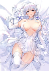 Rule 34 | 1girl, azur lane, bare shoulders, blue eyes, breasts, cleavage, dress, elbow gloves, garter belt, garter straps, gloves, highres, illustrious (azur lane), illustrious (morning star of love and hope) (azur lane), large breasts, lying, mole, mole under eye, on back, open mouth, silver hair, strapless, strapless dress, swd3e2, thighhighs, thighs, tri tails, white dress, white gloves, white thighhighs