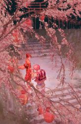 Rule 34 | 1boy, 1girl, absurdres, akaza (kimetsu no yaiba), black hair, cherry blossoms, comb, commentary request, hair ornament, holding hands, highres, huge filesize, japanese clothes, kanzashi, kimetsu no yaiba, kimono, koyuki (kimetsu no yaiba), lantern, obi, petals, pink hair, red kimono, sash, short hair, sleeveless, stairs, torii, yukinoneko